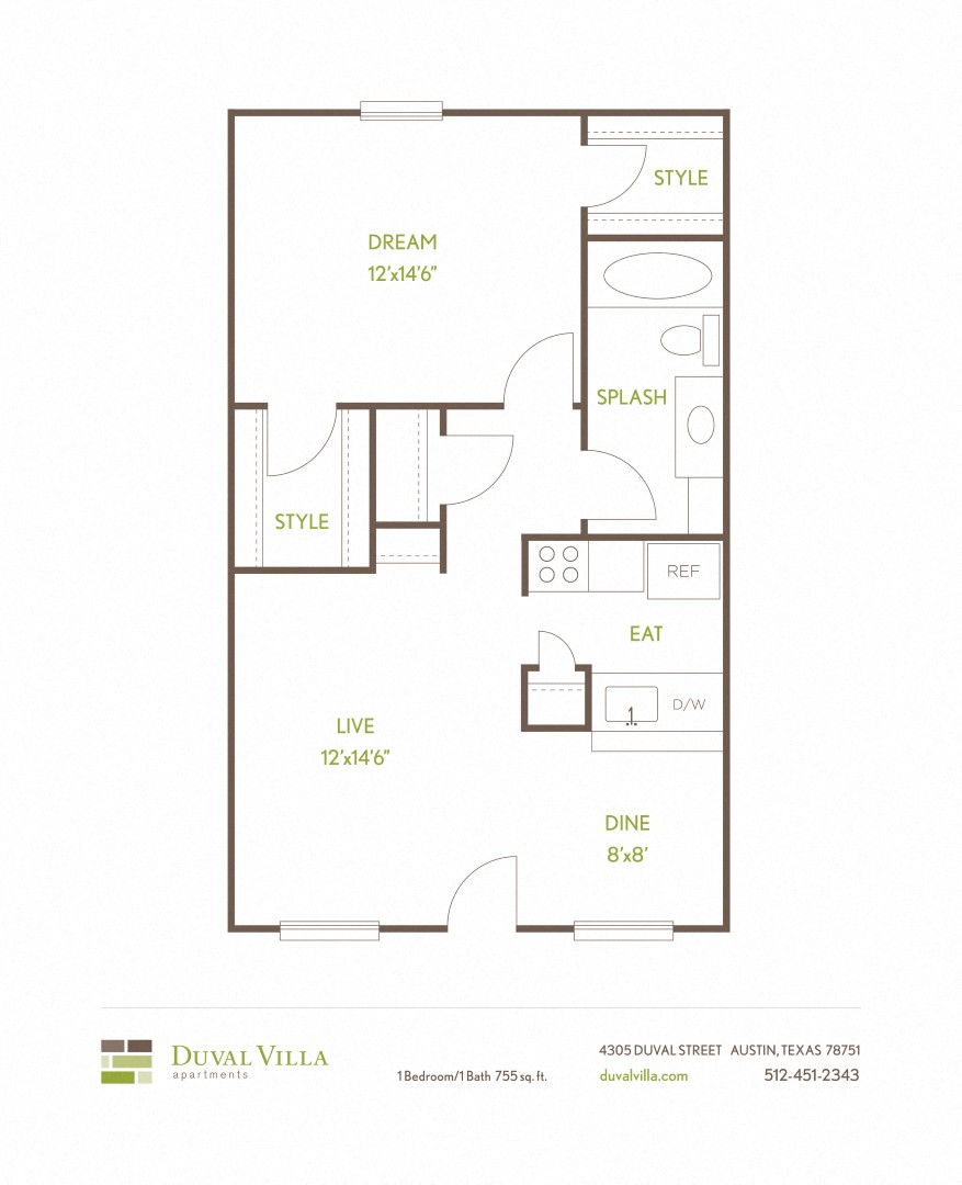 Floor plan for 1 bed, 1 bath, 755 sqft